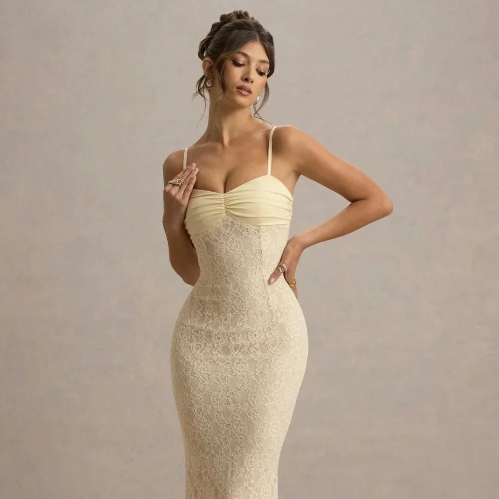 Pale Lemon Satin Sweetheart Maxi Dress with Lace Details - Picture 1 of 4